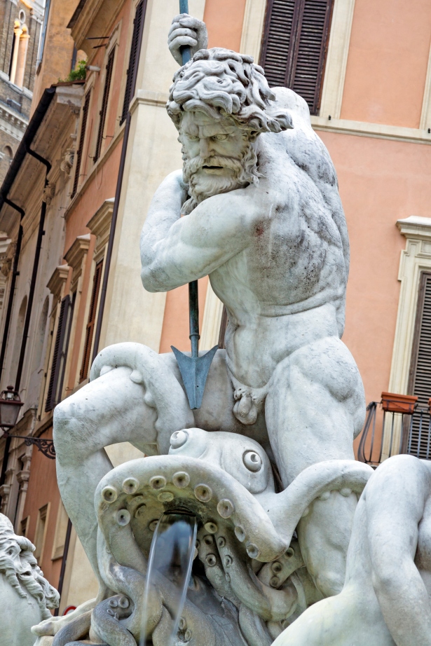 Detail of Poseidon Statue and fountain , Piazza Navona, Rome, It